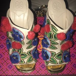 Tory Burch Embroidered Leather POM POM Mules!